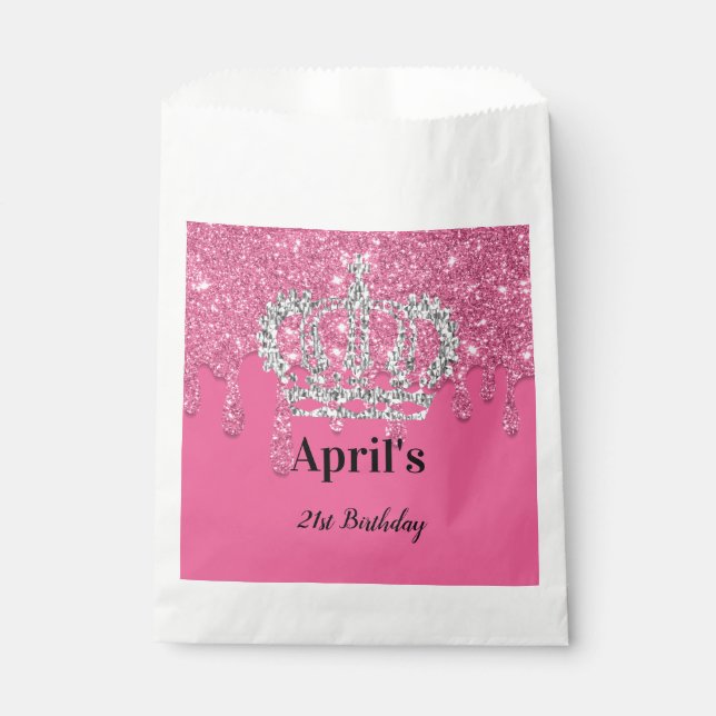 Pink Dripping Glitter | Silver Crown Birthday  Favor Bag (Front)