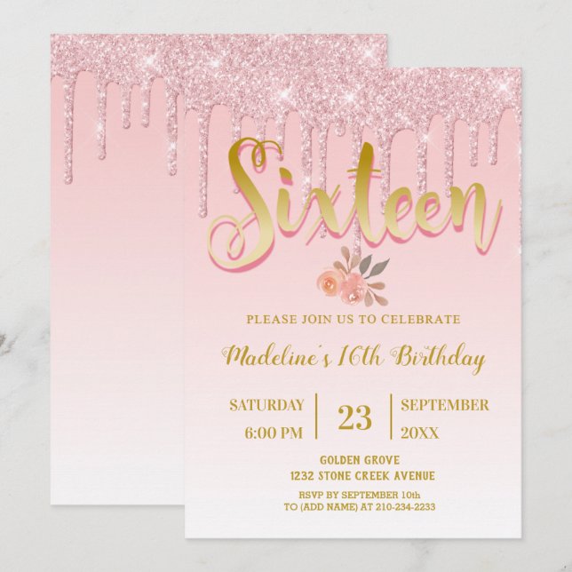 Pink Dripping Glitter | Sweet 16 Invitation (Front/Back)
