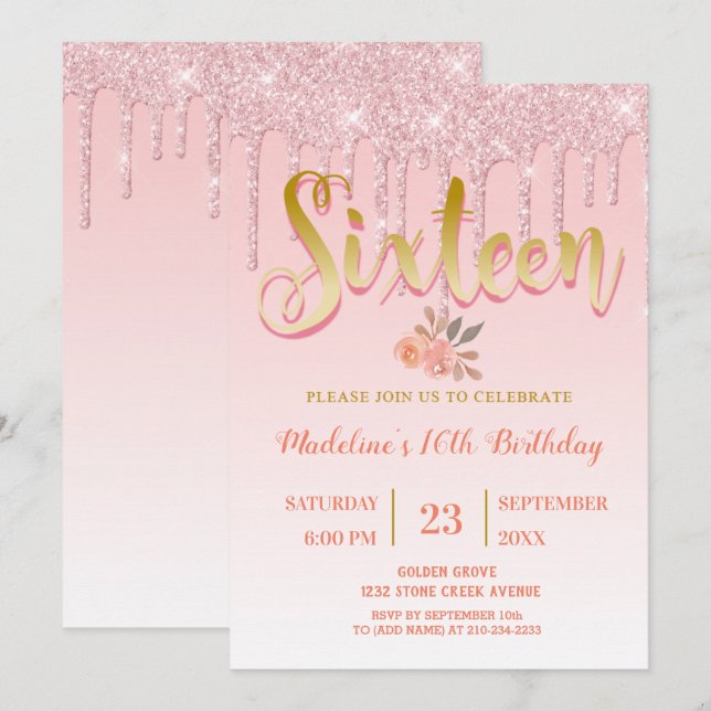 Pink Dripping Glitter | Sweet 16 Invitation (Front/Back)