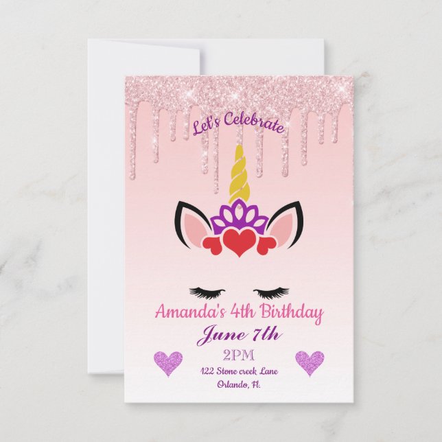 Pink Dripping Glitter/Unicorn Birthday Invitation (Front)