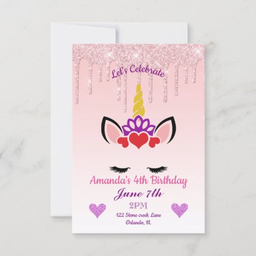 Pink Dripping GlitterUnicorn Birthday Invitation