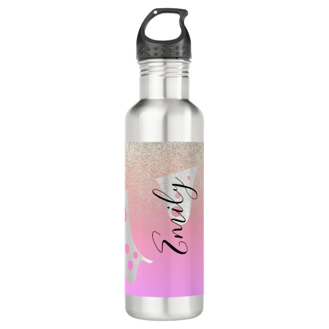 Pink Dripping Sparkles Monogrammed Name    Stainless Steel Water Bottle (Front)