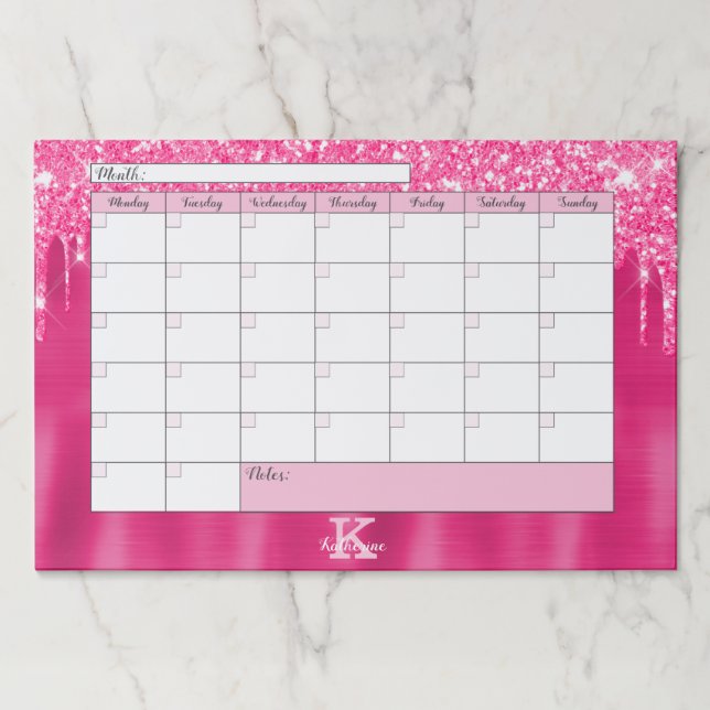 Pink Drips Glam Monogram Name Desk Calendar Pad (Front)