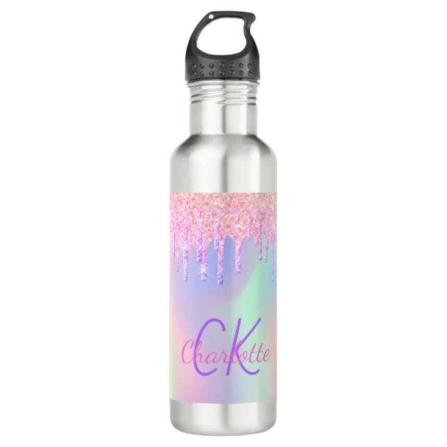 Pink drips holographic monogram name girl stainless steel water bottle (Front)