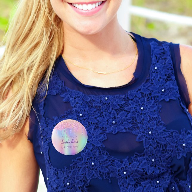 Pink drips holographic name birthday button (Creator Uploaded)