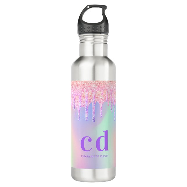 Pink drips holographic name monogram stainless steel water bottle (Front)