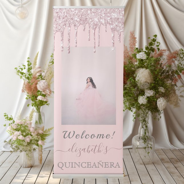 Pink drips photo Quinceanera party welcome Retractable Banner (Creator Uploaded)