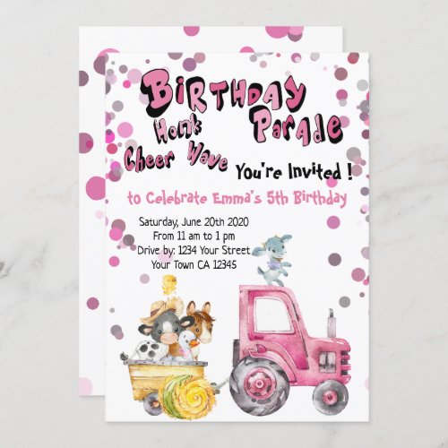 Pink Drive By Birthday Farm Animals Invitation