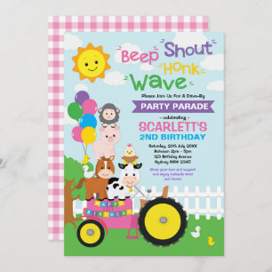 Pink Drive By Birthday Party Parade Farm Girl Invitation