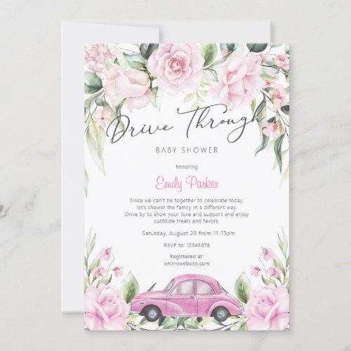 Pink Drive Through Watercolor Floral Baby Shower Invitation