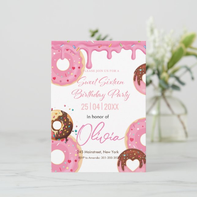 Pink drizzle donuts sweet sixteen birthday invitation (Standing Front)