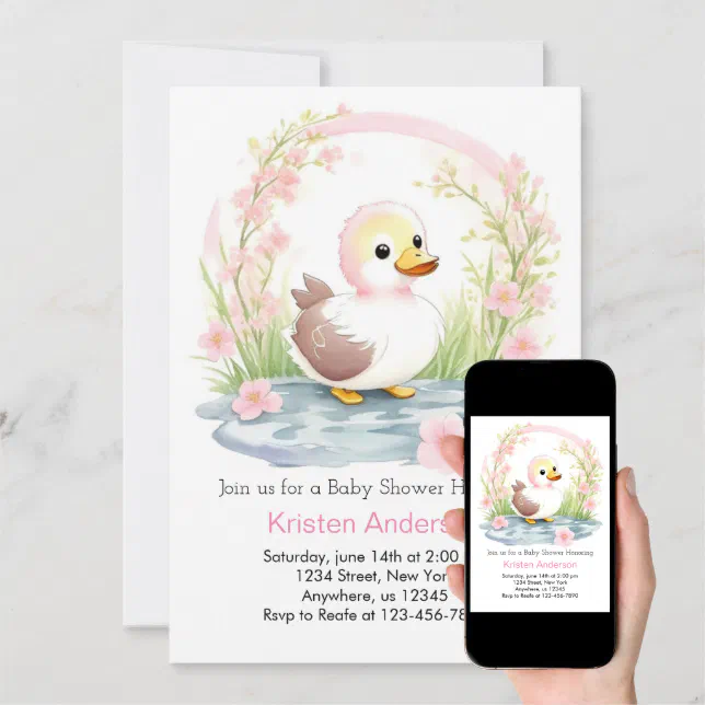 Pink Duck Watercolor Girl Baby Shower Invitation | Zazzle