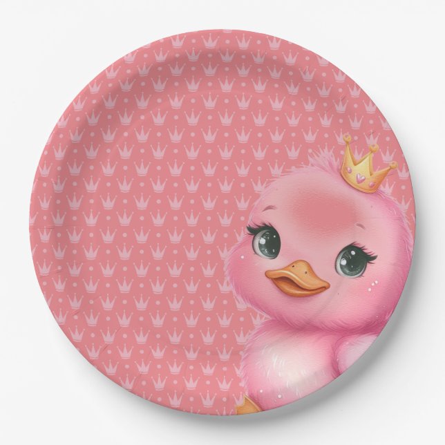 Pink Duck Wearing A Crown Paper Plates (Front)