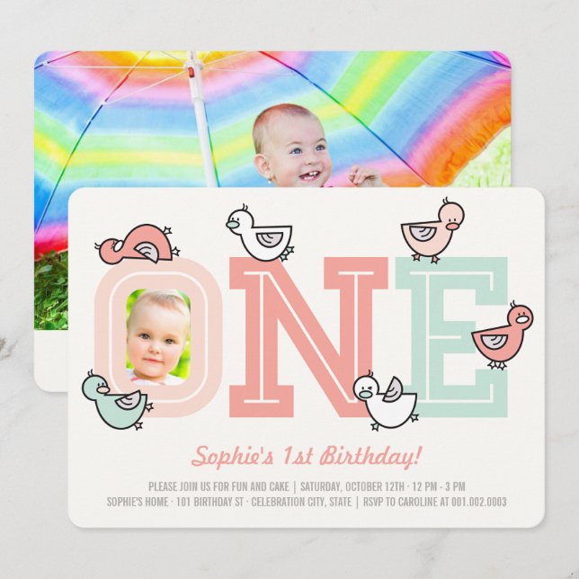 Pink Ducks Big One Girl 1st Birthday Party Invite (Front/Back)