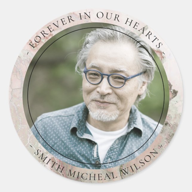 PINK DUSKY ROSE GOLD AGATE SYMPATHY MEMORIAL PHOTO CLASSIC ROUND STICKER (Front)