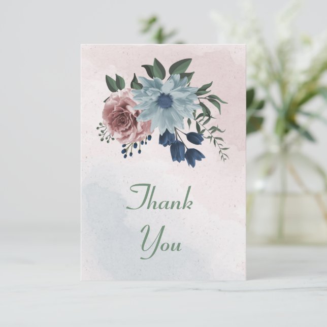  pink, dusty blue and navy blue flowers greenery thank you card (Standing Front)