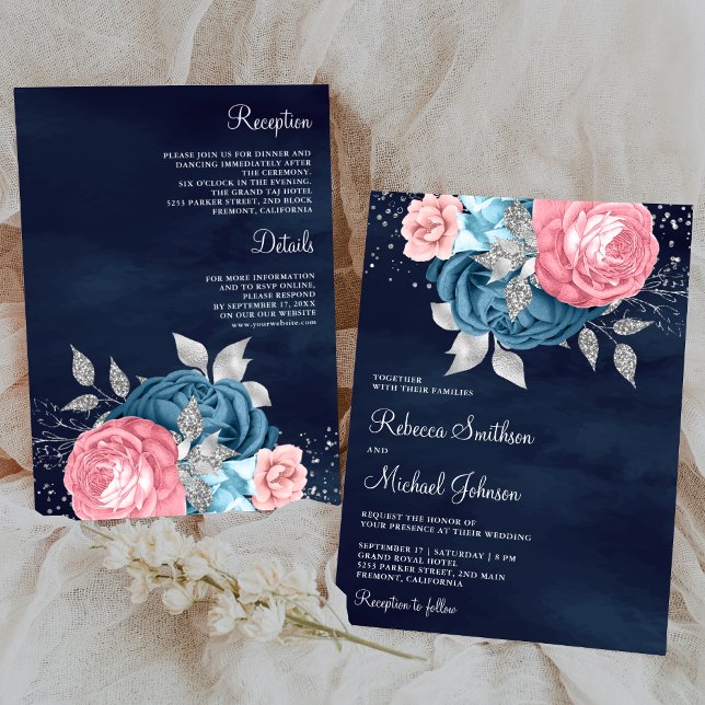 Pink Dusty Blue Floral All in One Navy Wedding Invitation (Creator Uploaded)