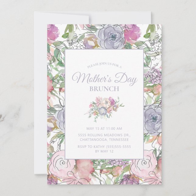 Pink Dusty Blue Hand Sketched Floral Mother's Day Invitation (Front)