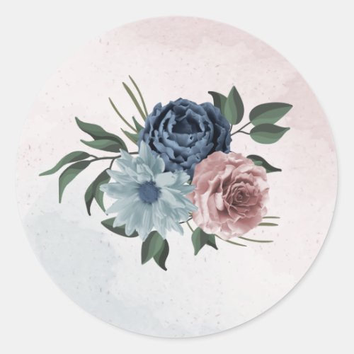 pink dusty blue navy blue floral greenery wedding  classic round sticker