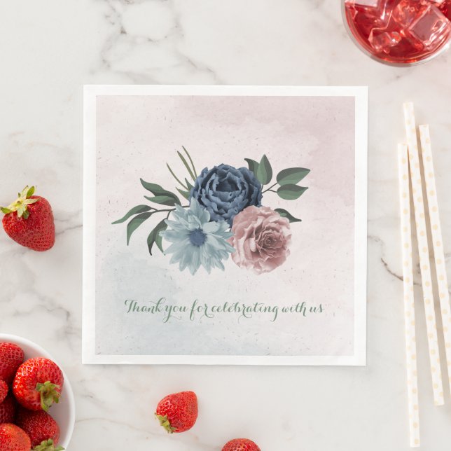 pink dusty blue navy blue floral greenery wedding paper dinner napkins (Insitu)
