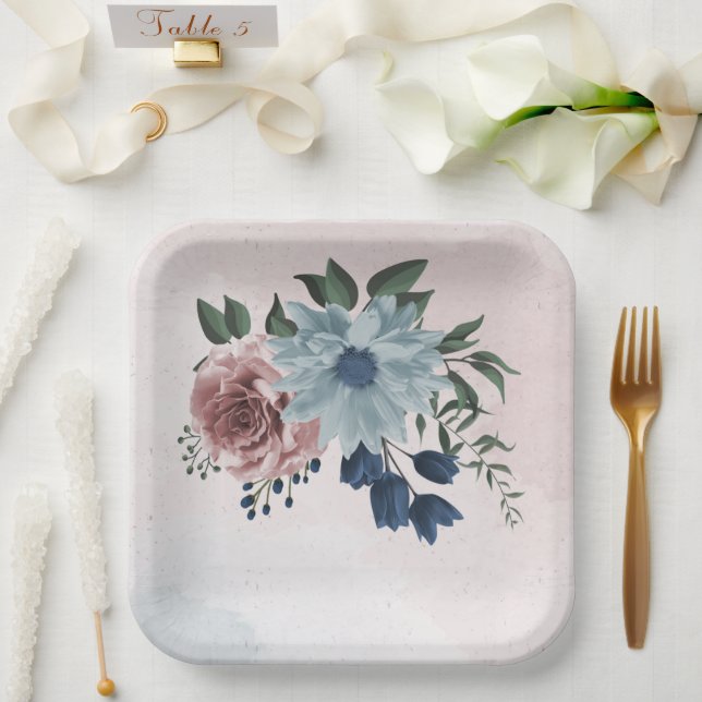 pink dusty blue navy blue floral greenery wedding paper plates (Wedding)