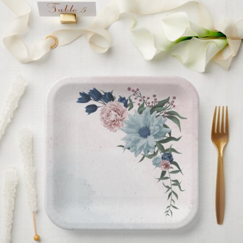 pink dusty blue navy blue floral greenery wedding paper plates