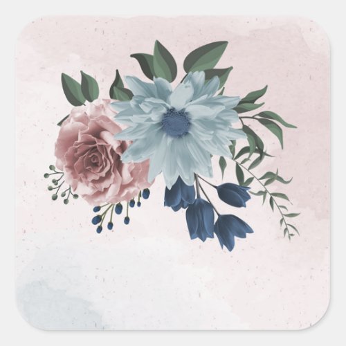 pink dusty blue navy blue floral greenery wedding square sticker