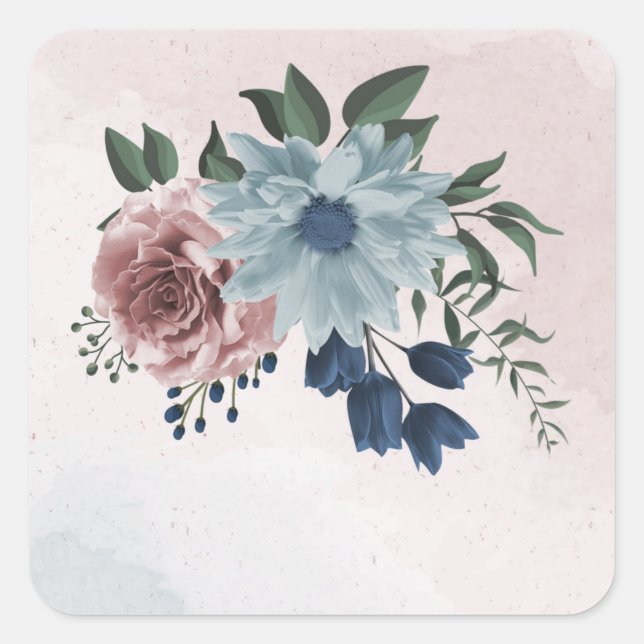 pink dusty blue navy blue floral greenery wedding square sticker (Front)