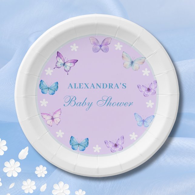 Pink Dusty Blue Purple  Butterfly Baby Shower Paper Plates (Creator Uploaded)