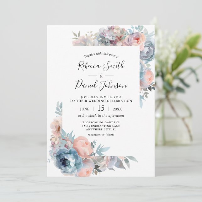Pink & Dusty Blue Roses Watercolor Floral Wedding Invitation (Standing Front)