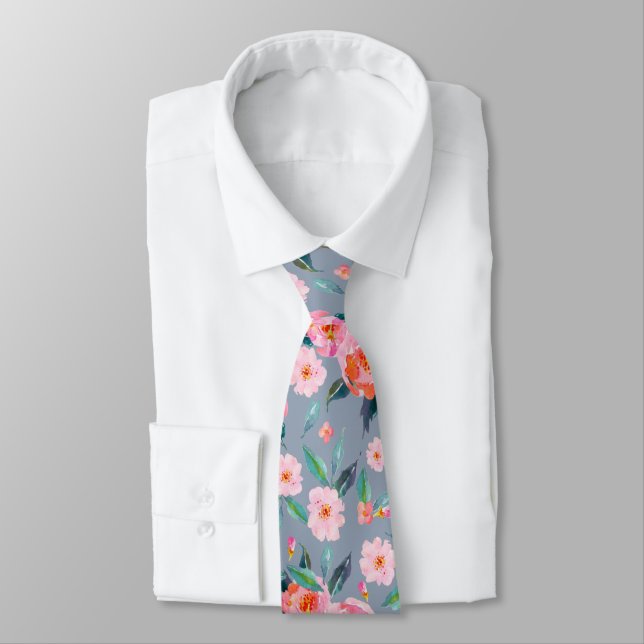 Pink Dusty Blue Watercolor Rose Pattern Wedding Neck Tie (Tied)