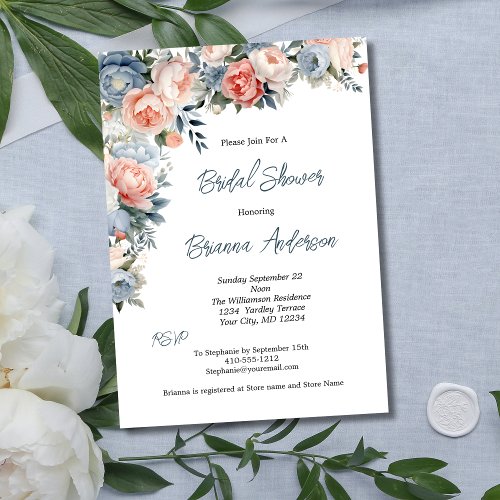 Pink Dusty Blue White Floral Elegant Bridal Shower Invitation