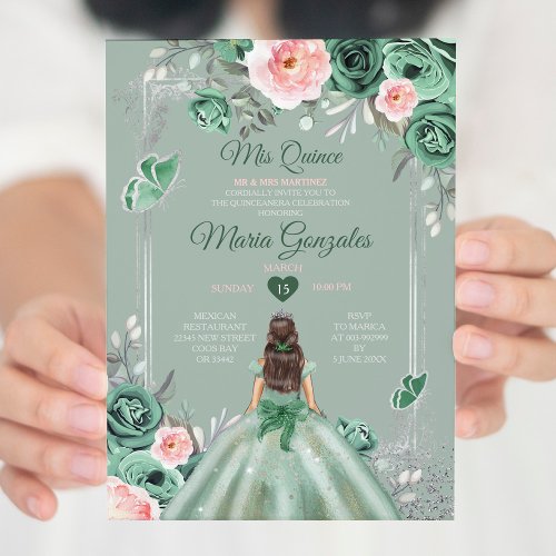 Pink Dusty Green Silver Mis Quince 15 Anos Invitation