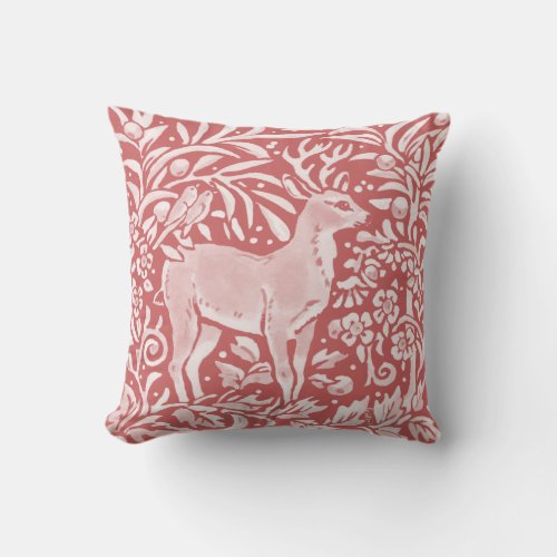 Pink Dusty Rose Deer Woodland Animal Bird Nature Throw Pillow
