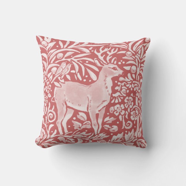 Pink Dusty Rose Deer Woodland Animal Bird Nature Throw Pillow (Front)