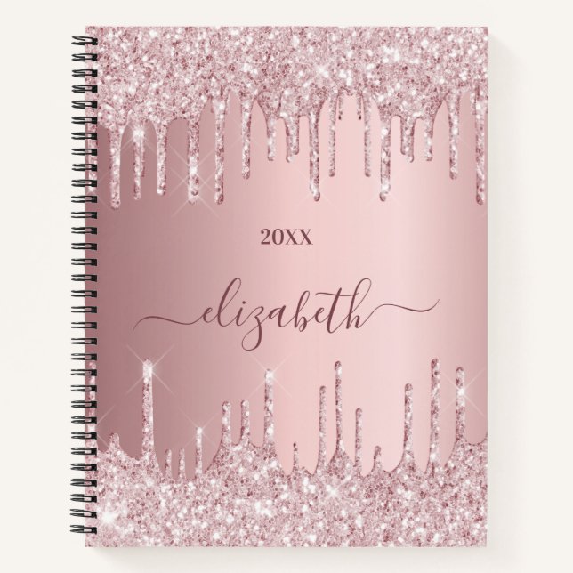 Pink dusty rose glitter drips monogram luxury notebook (Front)