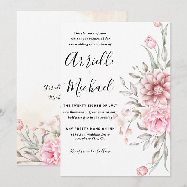Pink Dusty Rose Greenery Wedding Invitation (Front/Back)
