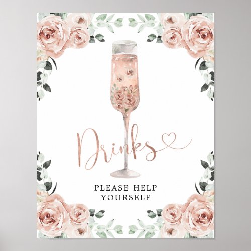 Pink Dusty Rose Petals and Prosecco Drinks Sign