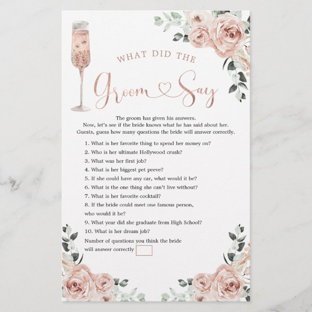 Pink Dusty Rose Petals and Prosecco Groom Say Game (Front)