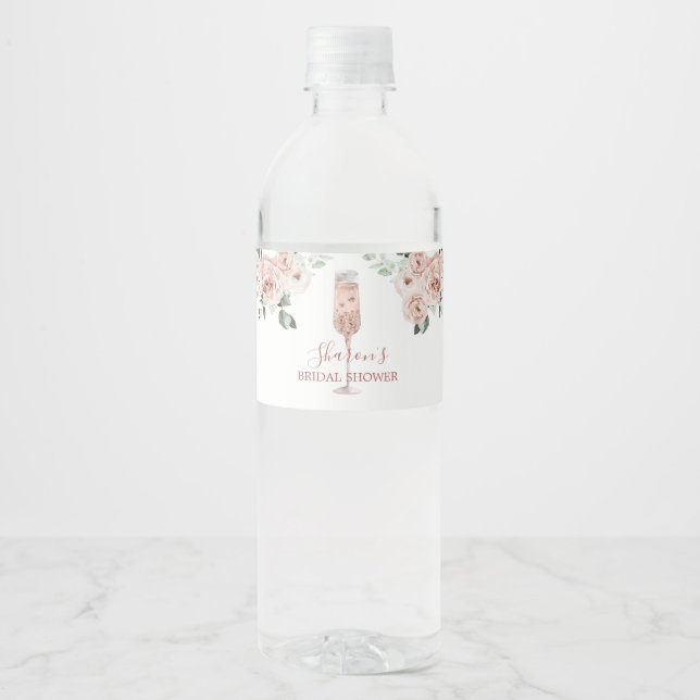 Pink Dusty Rose Petals and Prosecco Water Bottle Label (Front)