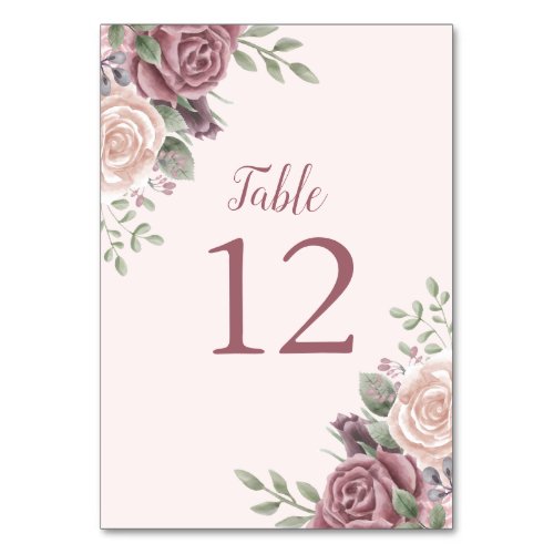 Pink Dusty Rose Watercolor Floral Pink Table Number