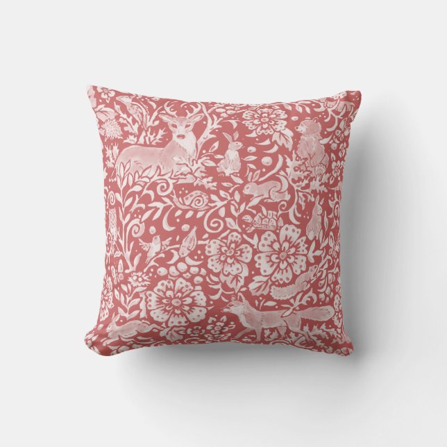 Pink Dusty Rose Woodland Animal Floral Nature  Throw Pillow (Front)