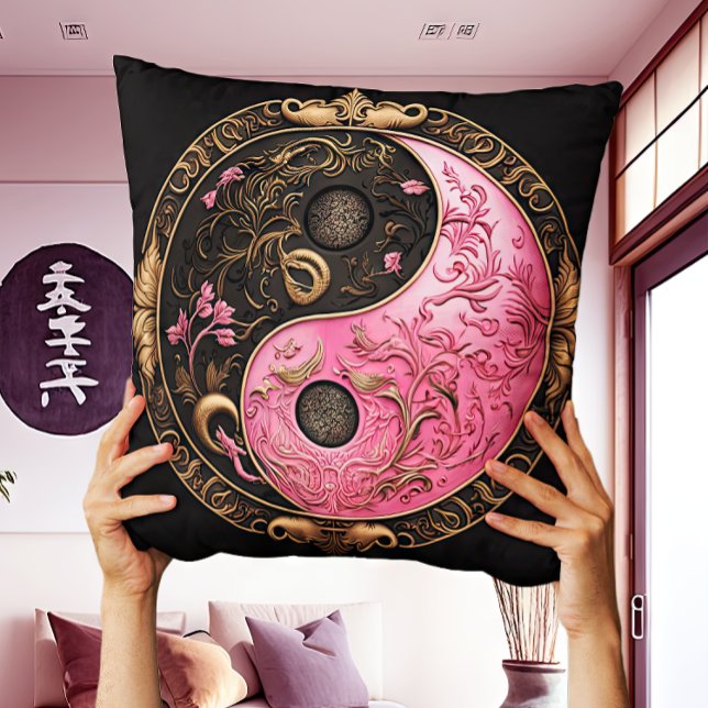 Pink East Oriental Yin and Yang Taijitu Throw Pillow (Creator Uploaded)