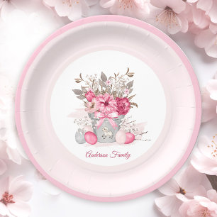 Pink Easter Brunch Family Name Flowers Paper Plates
