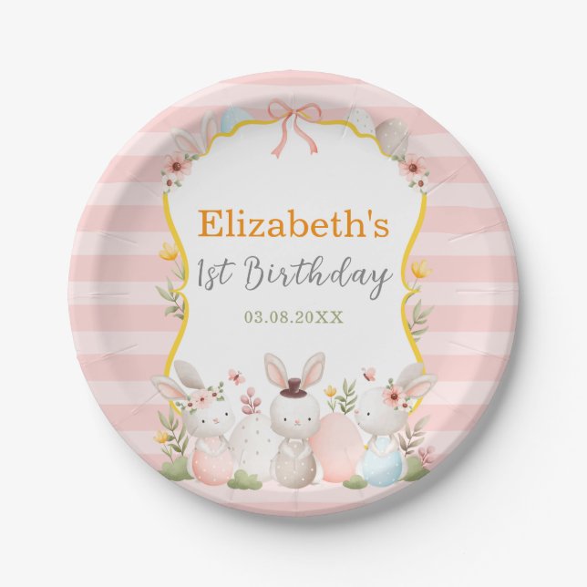Pink Easter Bunnies Birthday Paper Plates (Front)