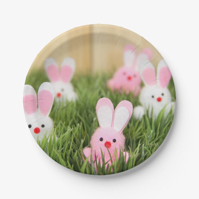 Pink Easter Bunnies in Grass Paper Plates (Front)