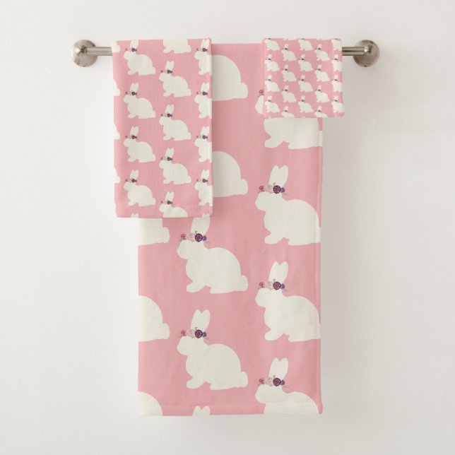 Pink Easter Bunny All Over Apron Bath Towel Set (Insitu)