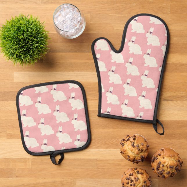 Pink Easter Bunny All Over Apron Oven Mitt & Pot Holder Set (Top Down)