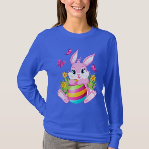 Pink Easter Bunny Blue Long Sleeve T_Shirt