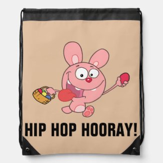 Pink Easter Bunny Carrying Colorful Easter Eggs Drawstring Bags